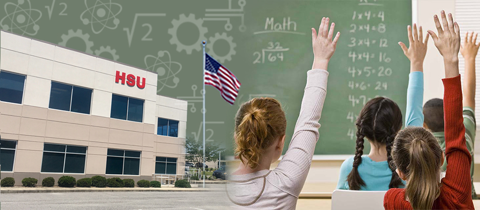 Hsu Educational Foundation montage image of the Hsu Building, the American flag, and a stock image of students raising their hands in a classroom
